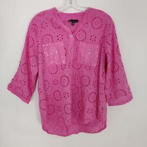 Carre Noir Women's Pink Eyelet Blouse Tunic Size Large Barbiecore